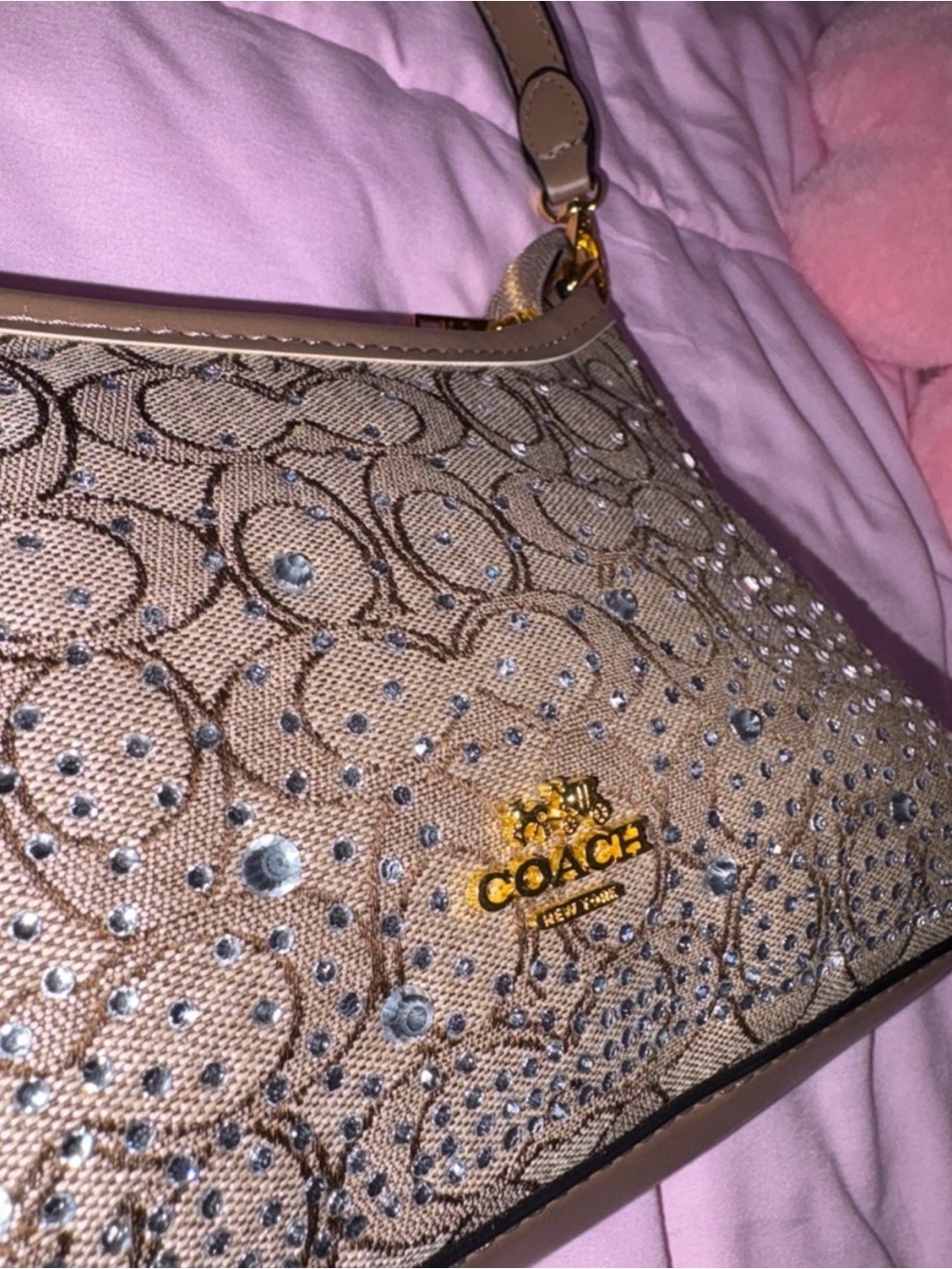 Women's Beige Signature Crystal Studded Shoulder Bag